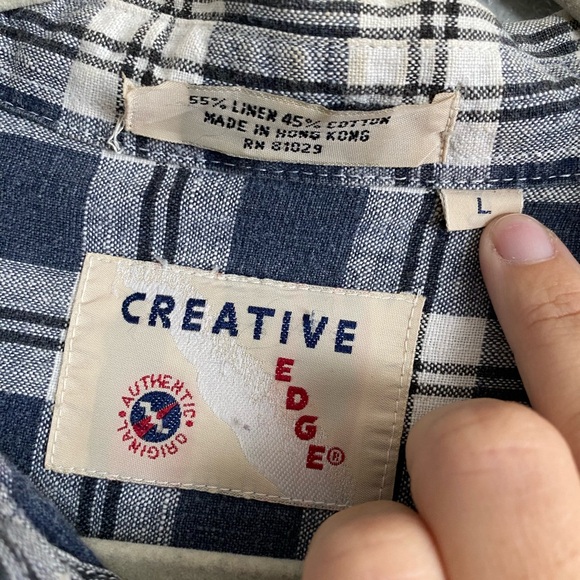 Creative Edge Button Up Men’s Size Large Linen Plaid Blue Short Sleeve Collared - Picture 2 of 7